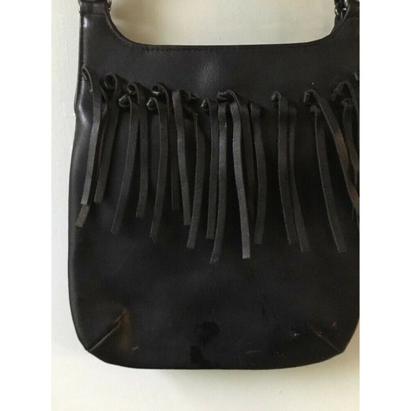 H & M small black shoulder bag with fringe double strap boho - Picture 2 of 9